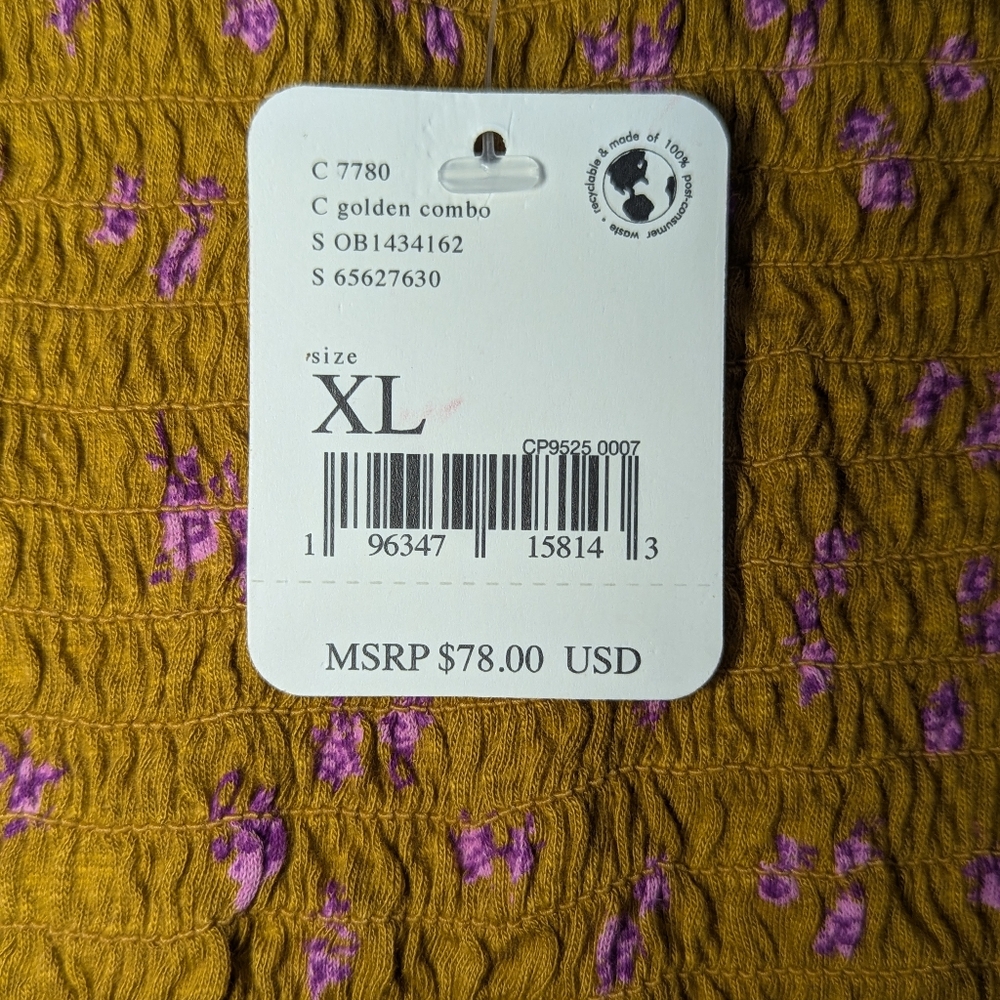 FREE PEOPLE Mustard Yellow Crop Top 3/4 wing Pink Floral Sleeves- Size XL *NWT - Picture 12 of 12